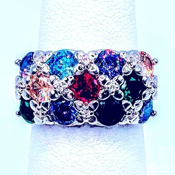 NEW! COLORFUL RAINBOW 🌈 FLORAL AUSTRIAN CRYSTAL S925 ADJUSTABLE RING! - Picture 4 of 13